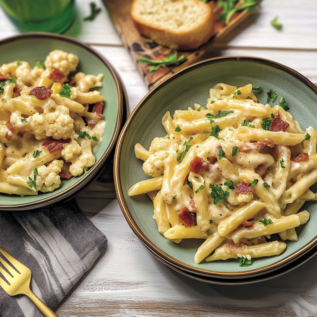 Recipe preparation for creamy cauliflower and bacon pasta