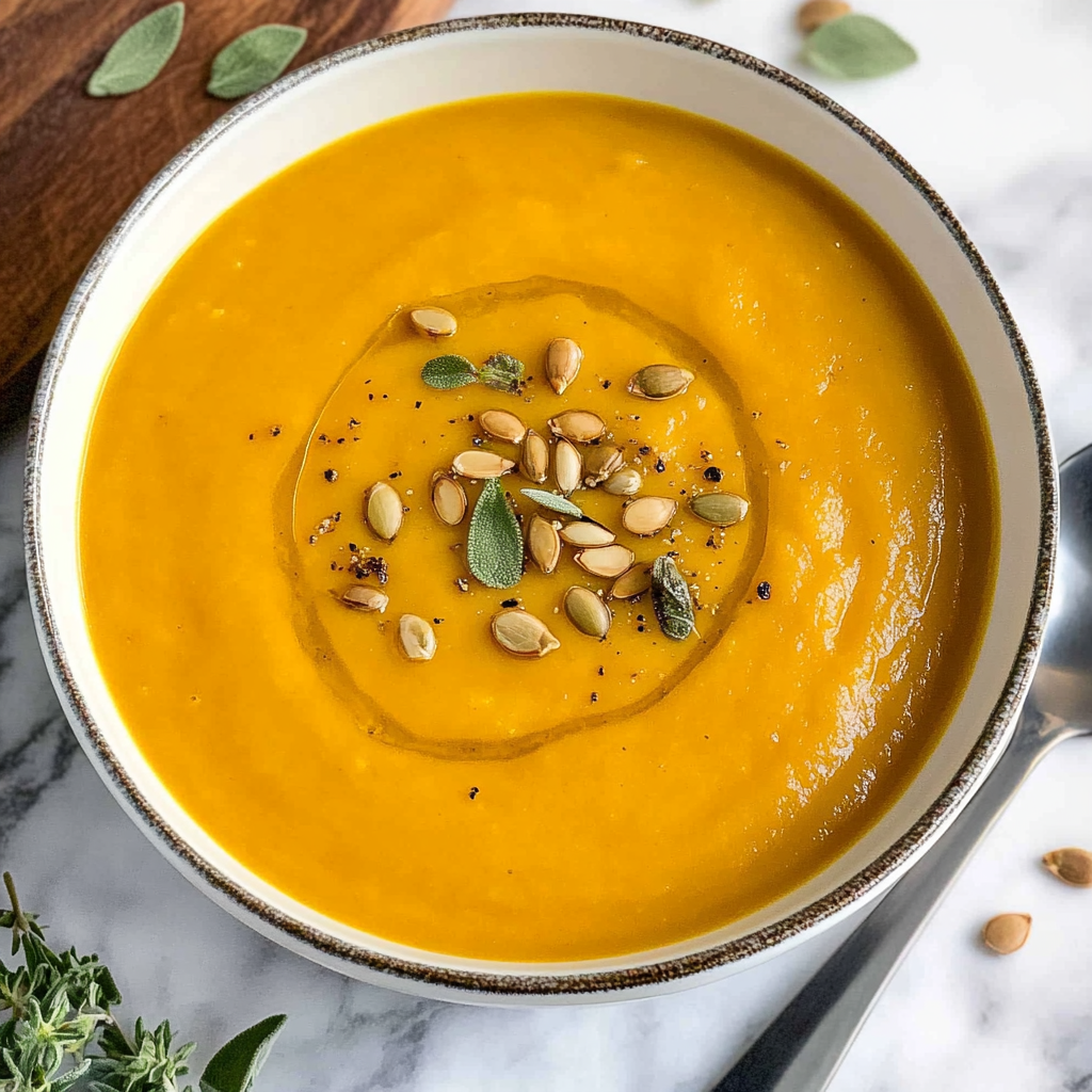 Recipe preparation for pumpkin soup with sage brown butter