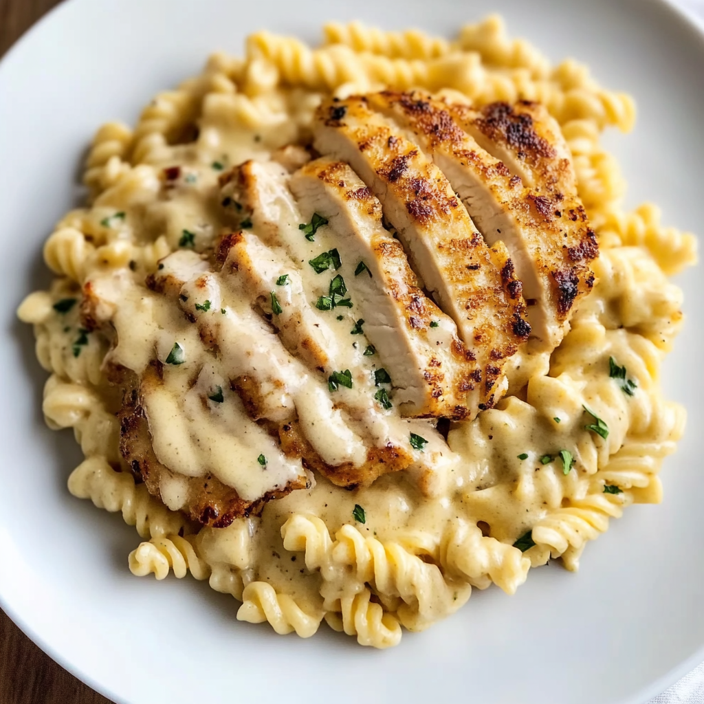 Recipe preparation for Creamy Garlic Parmesan Chicken with Cheesy Twisted Pasta