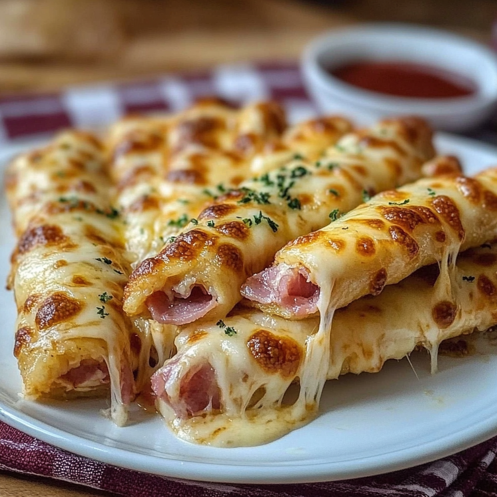 Recipe preparation for Cheesy Ham & Cheese Sticks