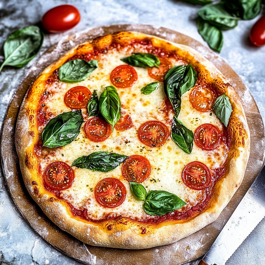 Recipe preparation for homemade margherita pizza with tomato and basil
