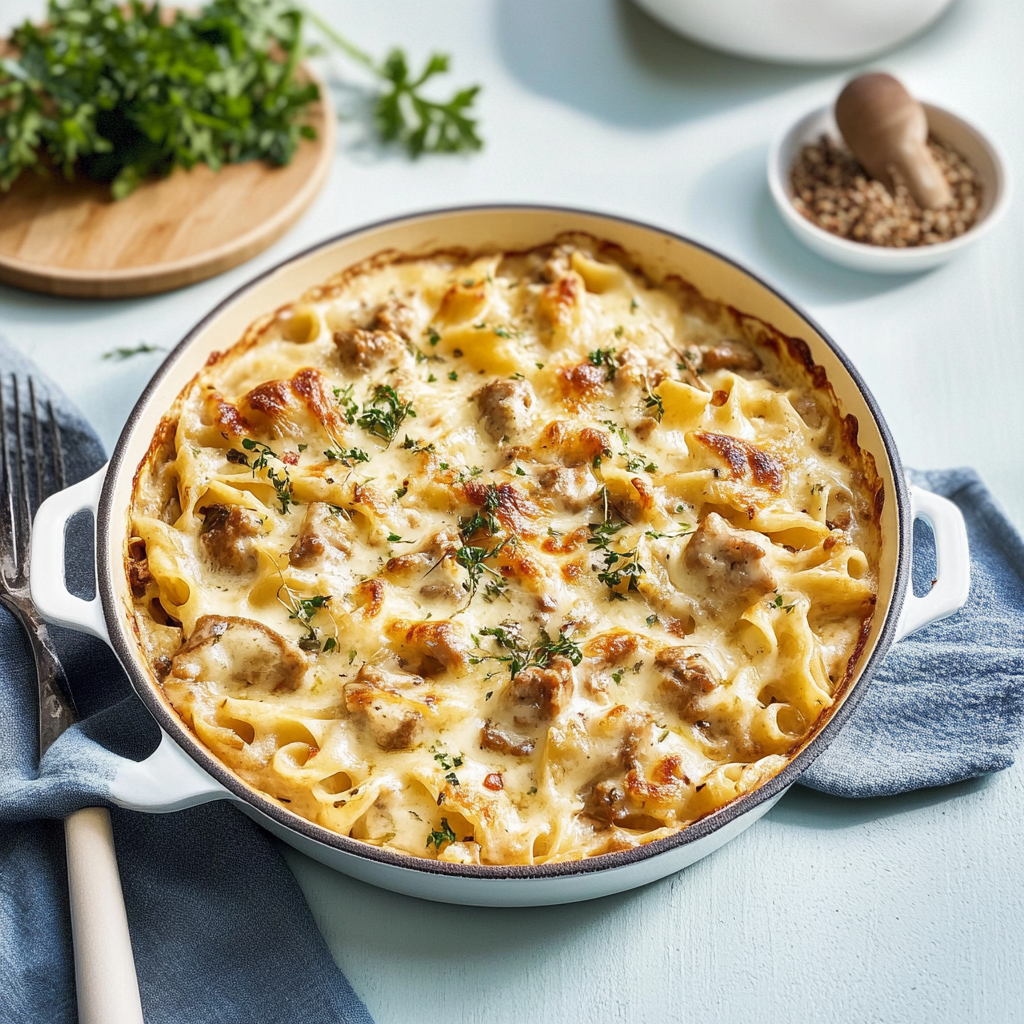 Recipe preparation for Chicken Tetrazzini Pasta Bake