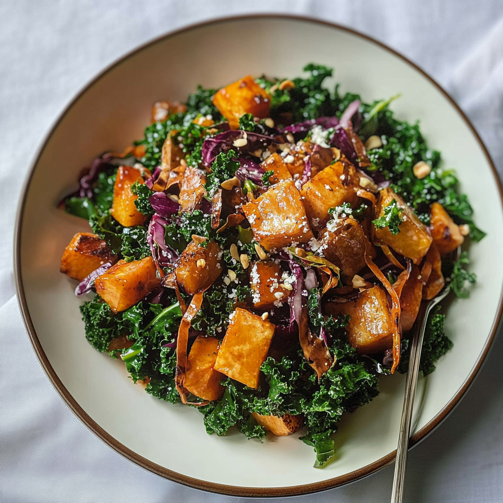 Recipe preparation for Kale & Roasted Yam Salad