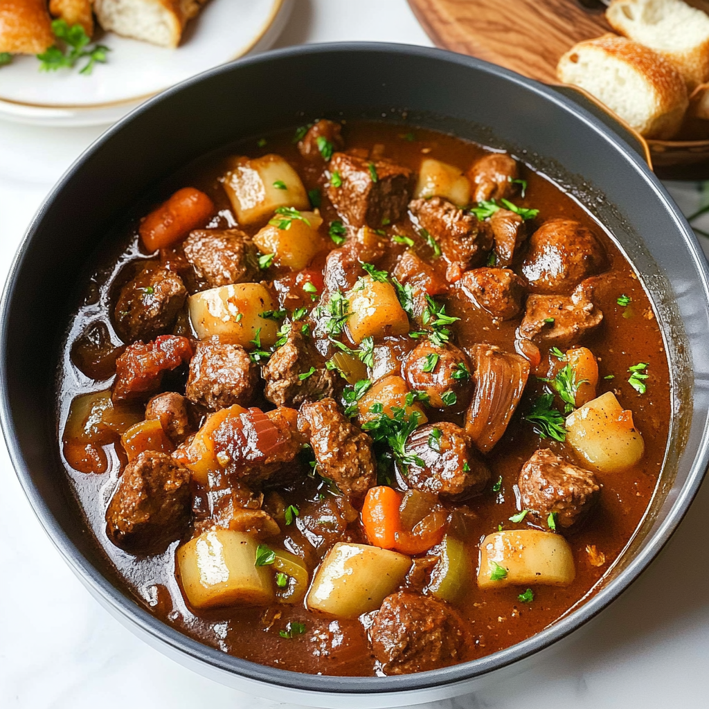 Recipe preparation for Beef or Game Meat Stew with Leeks & Mushrooms