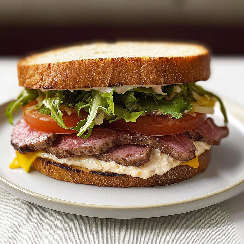 Recipe preparation for roast beef sandwich with pepper jack cheese, lettuce, and tomato