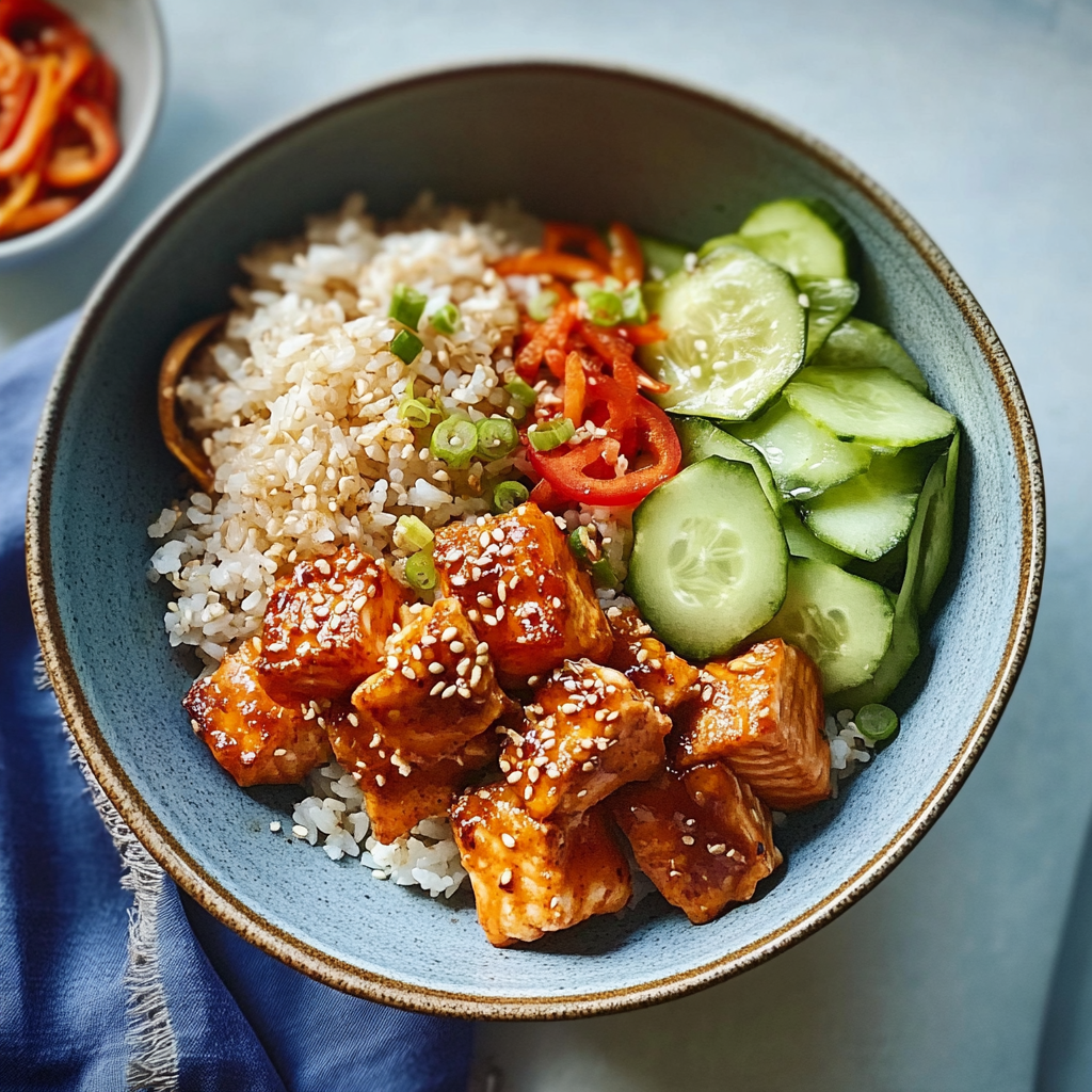 Recipe preparation for SPICY SALMON BOWLS WITH COCONUT RICE