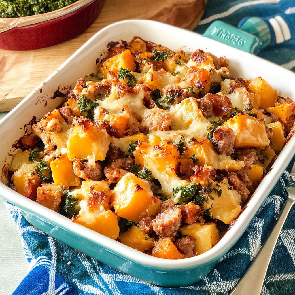 Recipe preparation for Cozy Butternut Squash & Sausage Casserole