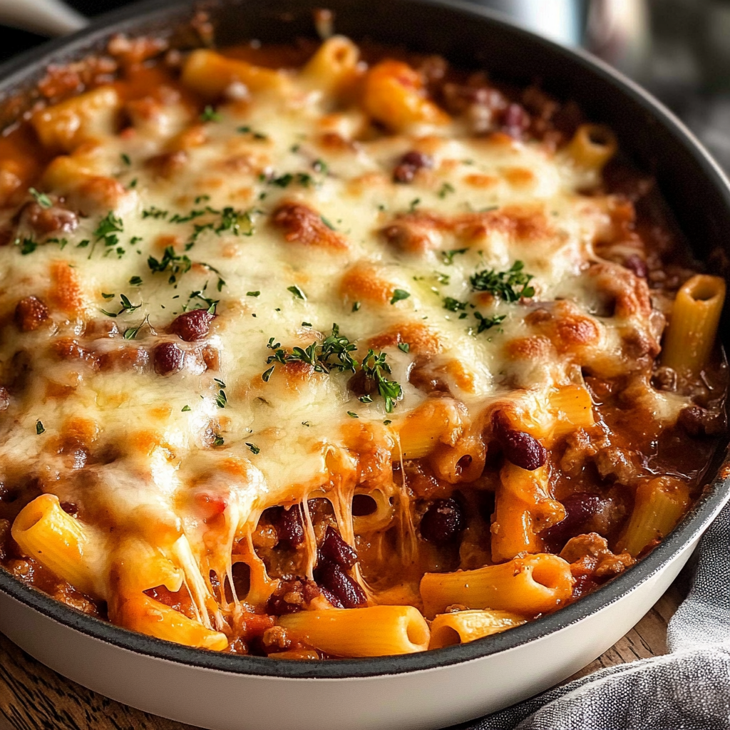 Recipe preparation for Cheesy Chili Pasta