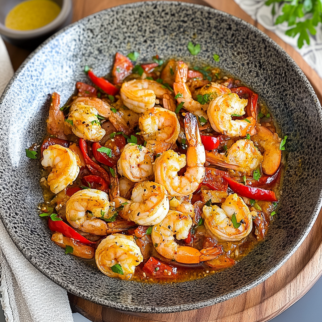 Recipe preparation for Chili Garlic Shrimp with Rainbow Peppers