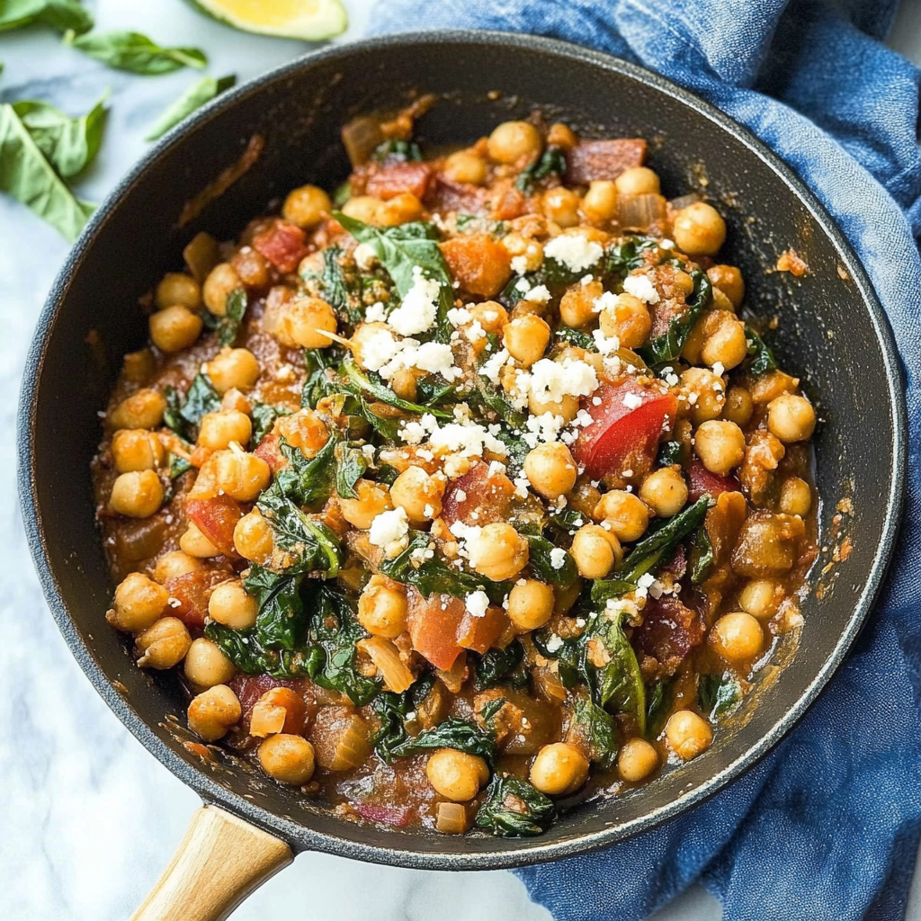Recipe preparation for 30 minute Mediterranean Chickpea & Spinach Skillet