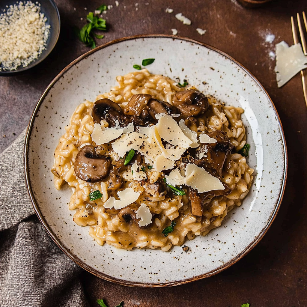 Recipe preparation for Wild Mushroom Risotto with Truffle Oil