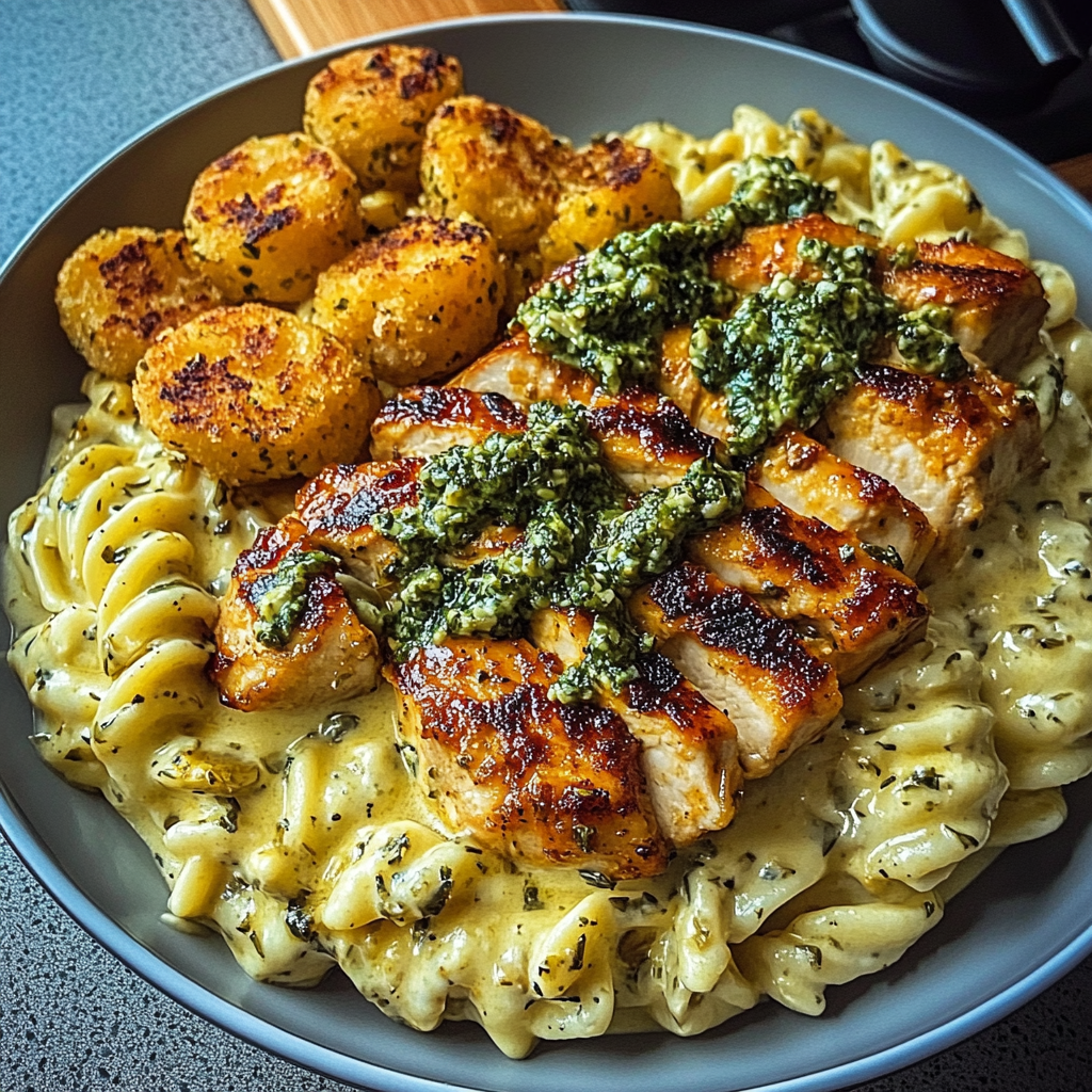 Recipe preparation for Hot Honey Cajun Chicken Alfredo with Basil Feta Swirl & Crispy Brussels Chips