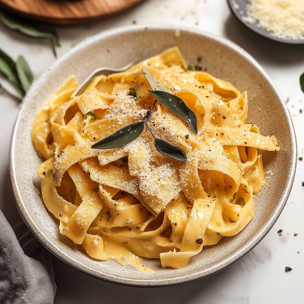 Recipe preparation for Creamy Pumpkin Alfredo Pasta