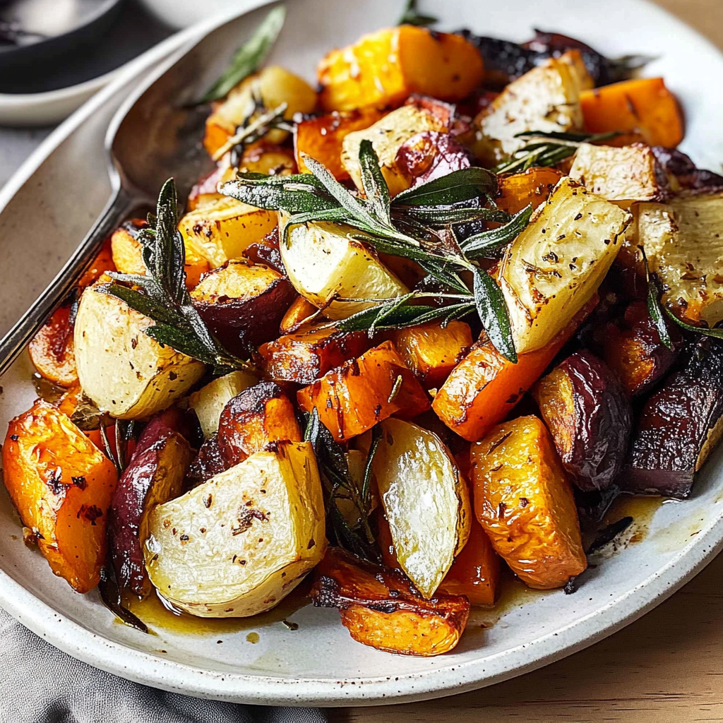 Recipe preparation for Roasted Root Vegetables Traybake