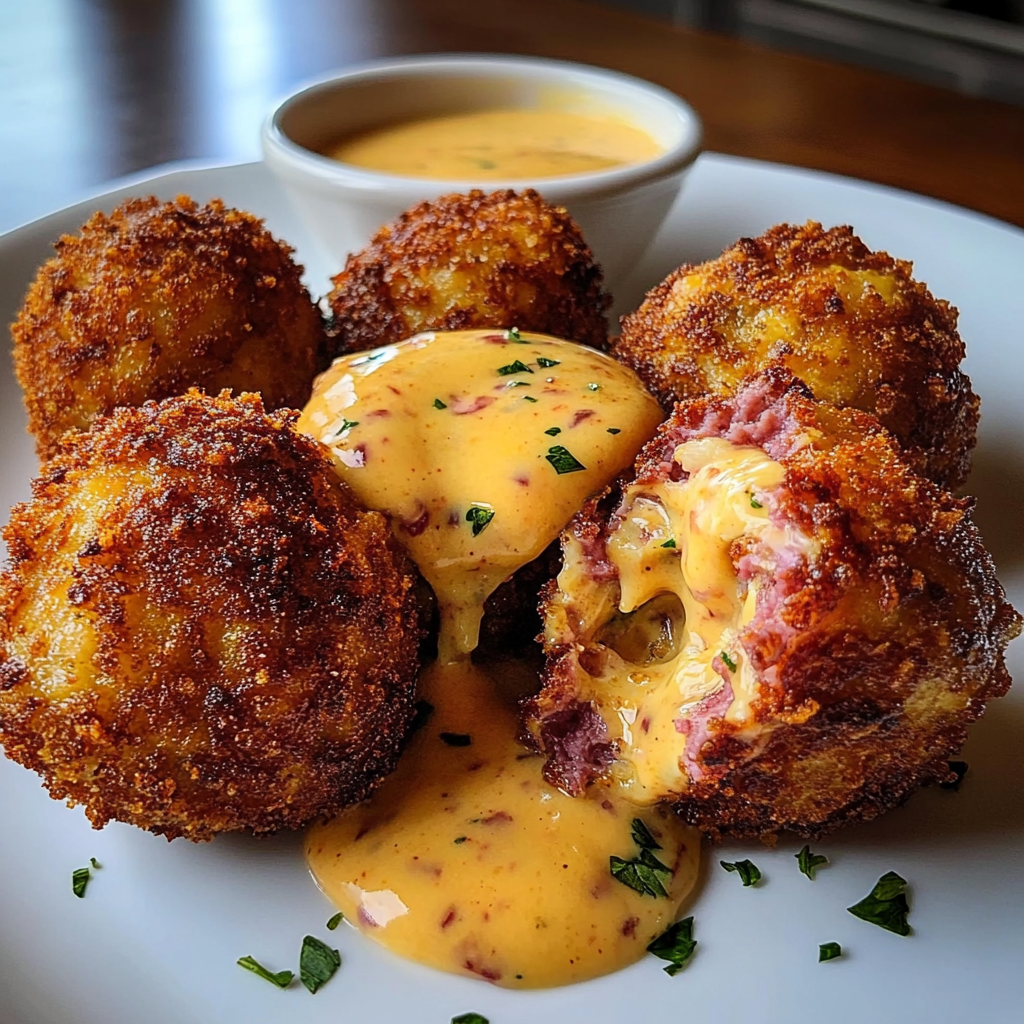 Recipe preparation for Reuben Balls with Spicy Thousand Island Dipping Sauce