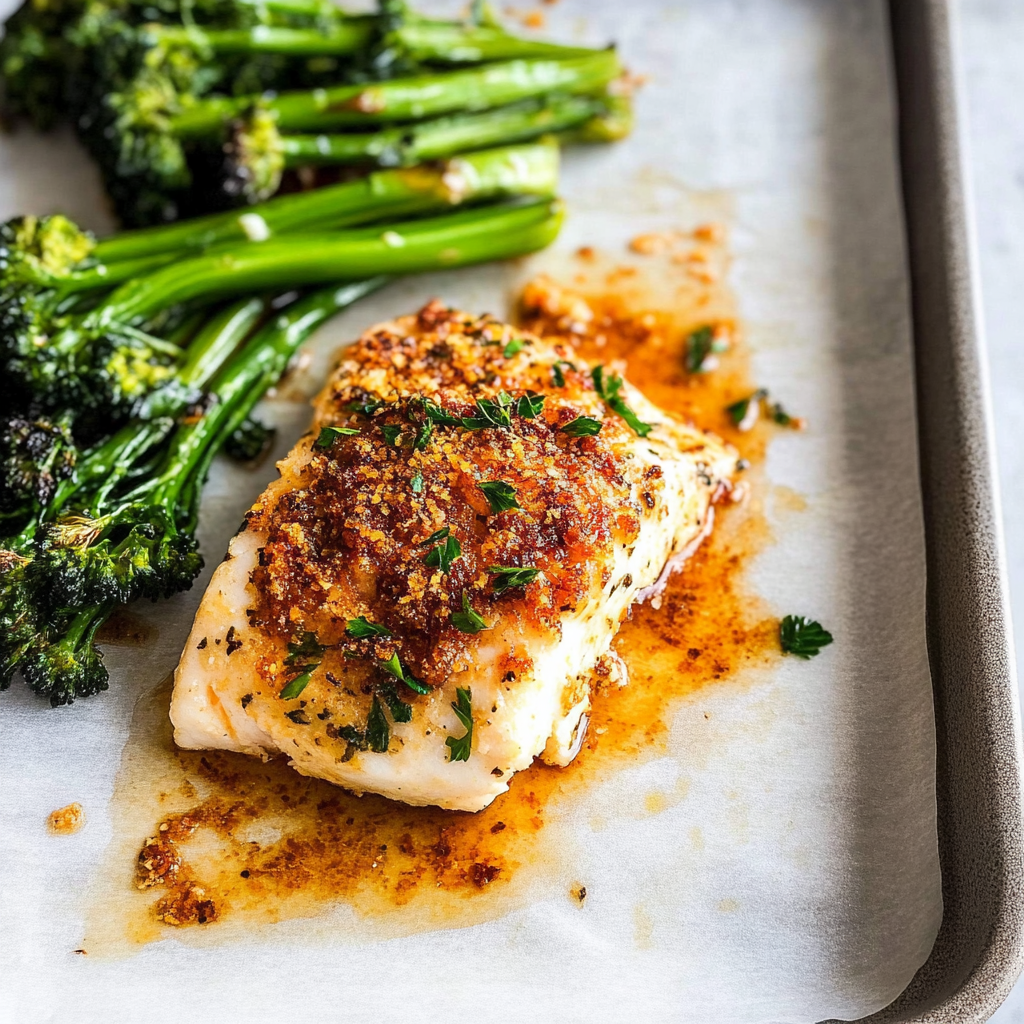 Recipe preparation for Parmesan Crusted Cod with Roasted Broccolini