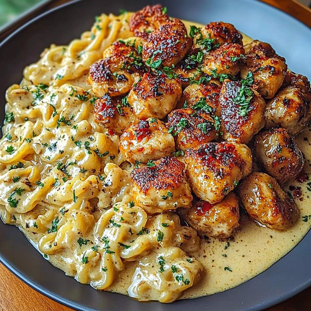 Recipe preparation for Garlic Butter Chicken Bites & Spicy Cajun Alfredo Recipe