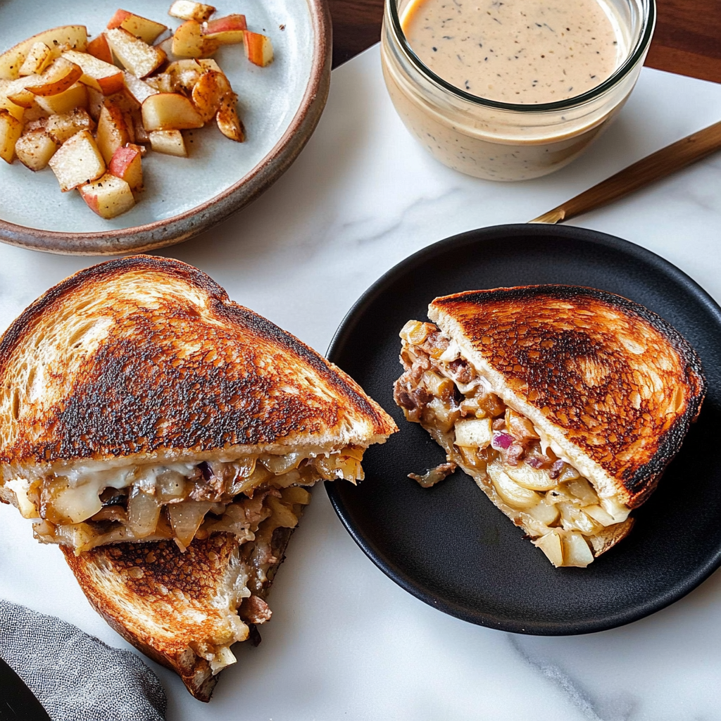 Recipe preparation for caramelized onion and apple grilled cheese