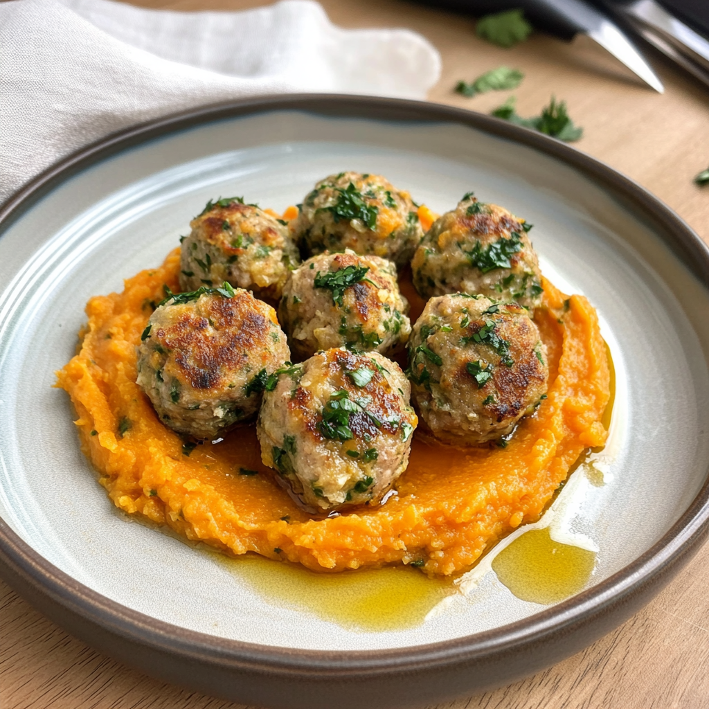 Recipe preparation for Pork Meatballs with Sweet Potato Mash & Bourbon-Maple Sauce