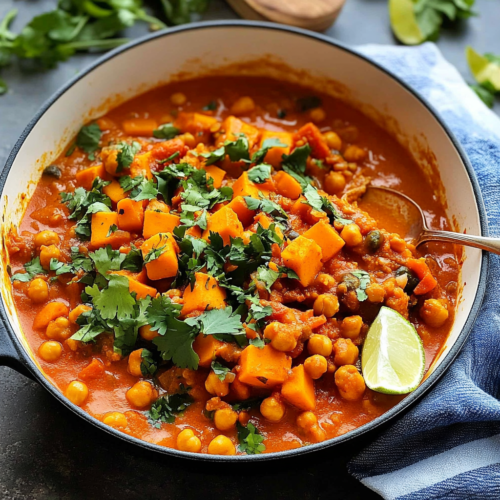 Recipe preparation for Coconut Milk Chili with Sweet Potato and Chickpeas