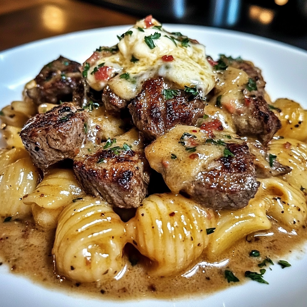 Recipe preparation for Garlic Butter Steak Bites & Creamy Parmesan Shells