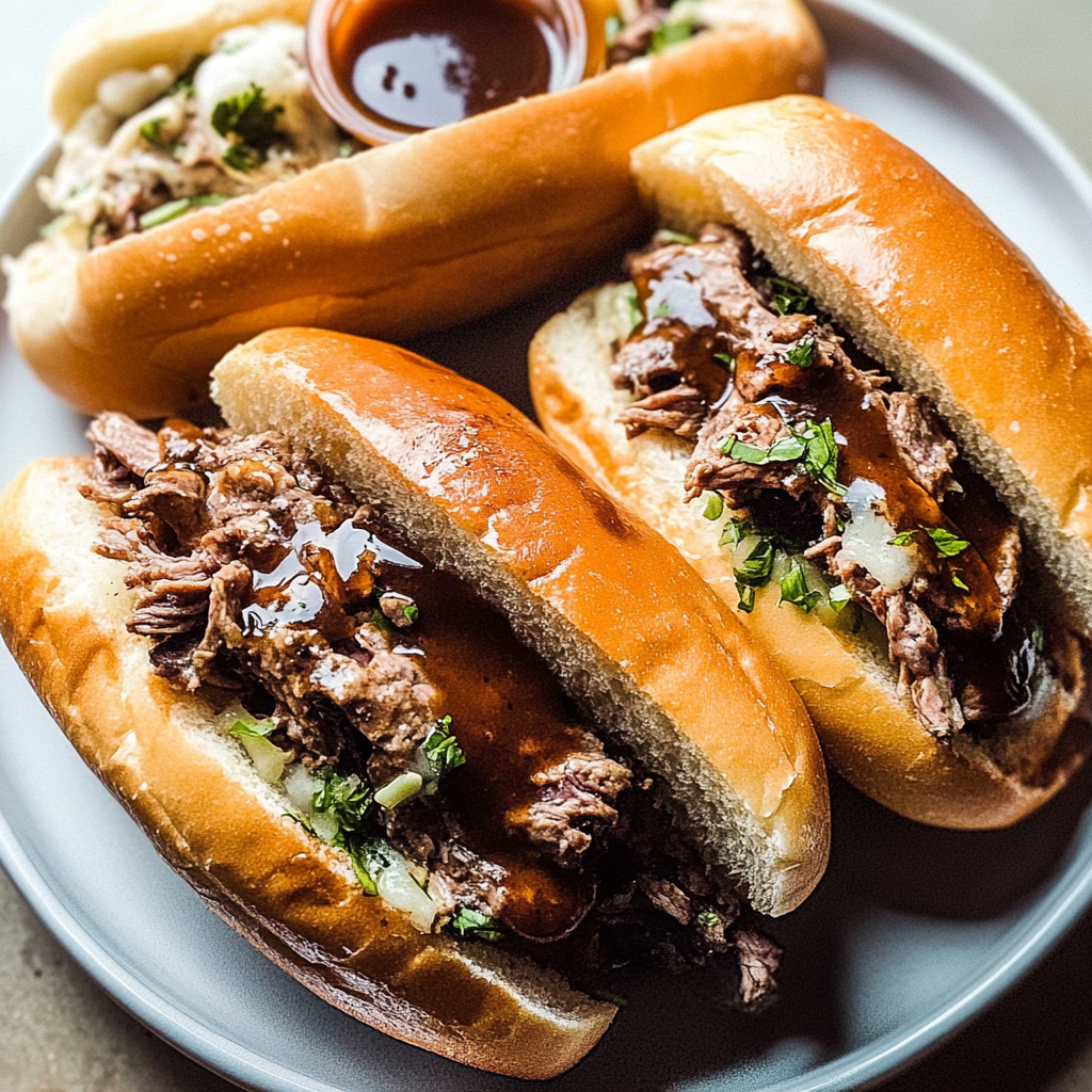 Recipe preparation for Hearty Slow Cooker French Dip Sandwiches