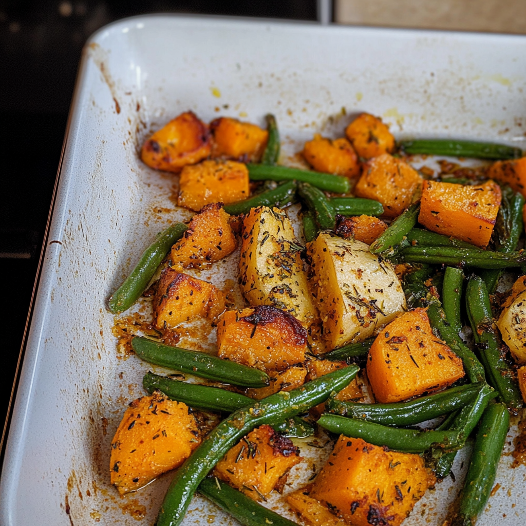 Recipe preparation for Sweet Potato & Green Bean Tray Bake