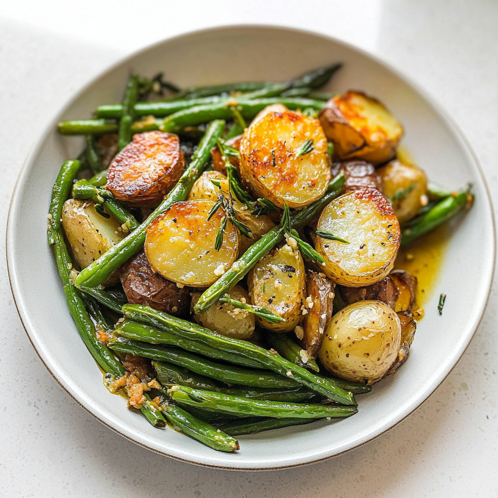Recipe preparation for roasted garlic potatoes and green beans