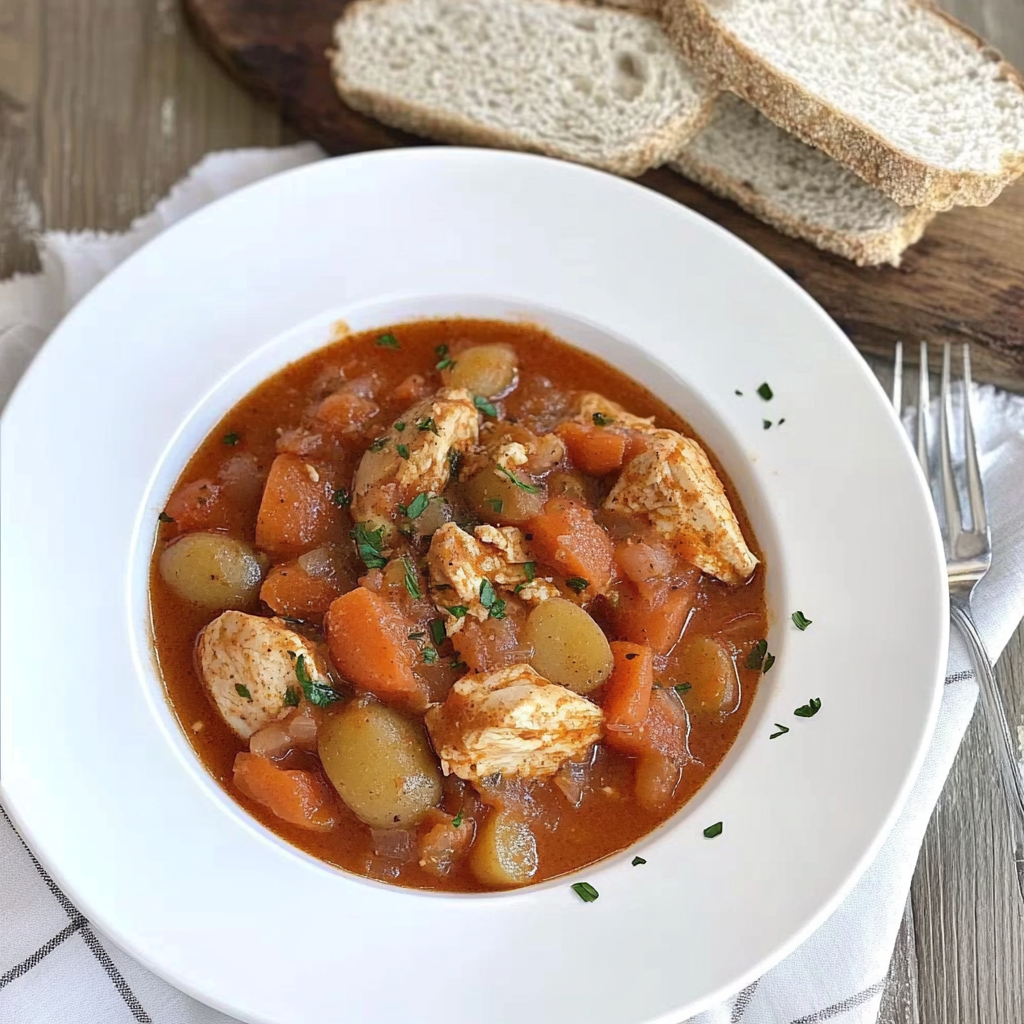 Recipe preparation for Creamy Chicken Stew with Potatoes, Carrots and Tomatoes