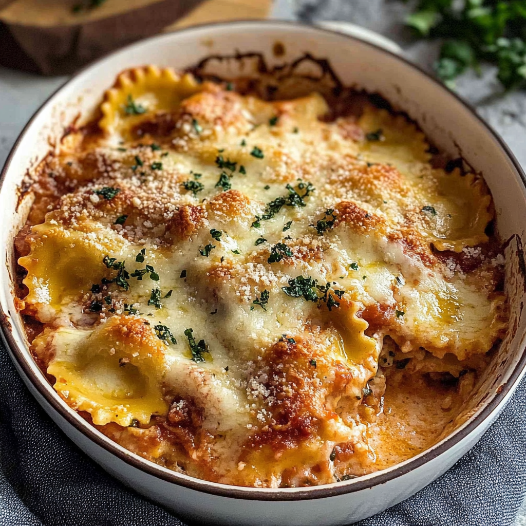 Recipe preparation for Cheesy Million Dollar Ravioli Casserole
