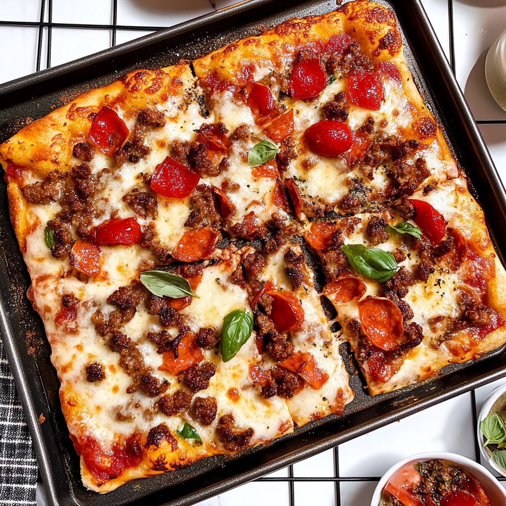 Recipe preparation for Sheet Pan Meat Lovers Pizza