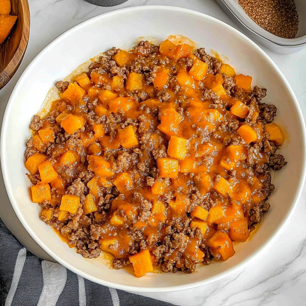 Recipe preparation for Ground Beef and Sweet Potatoes
