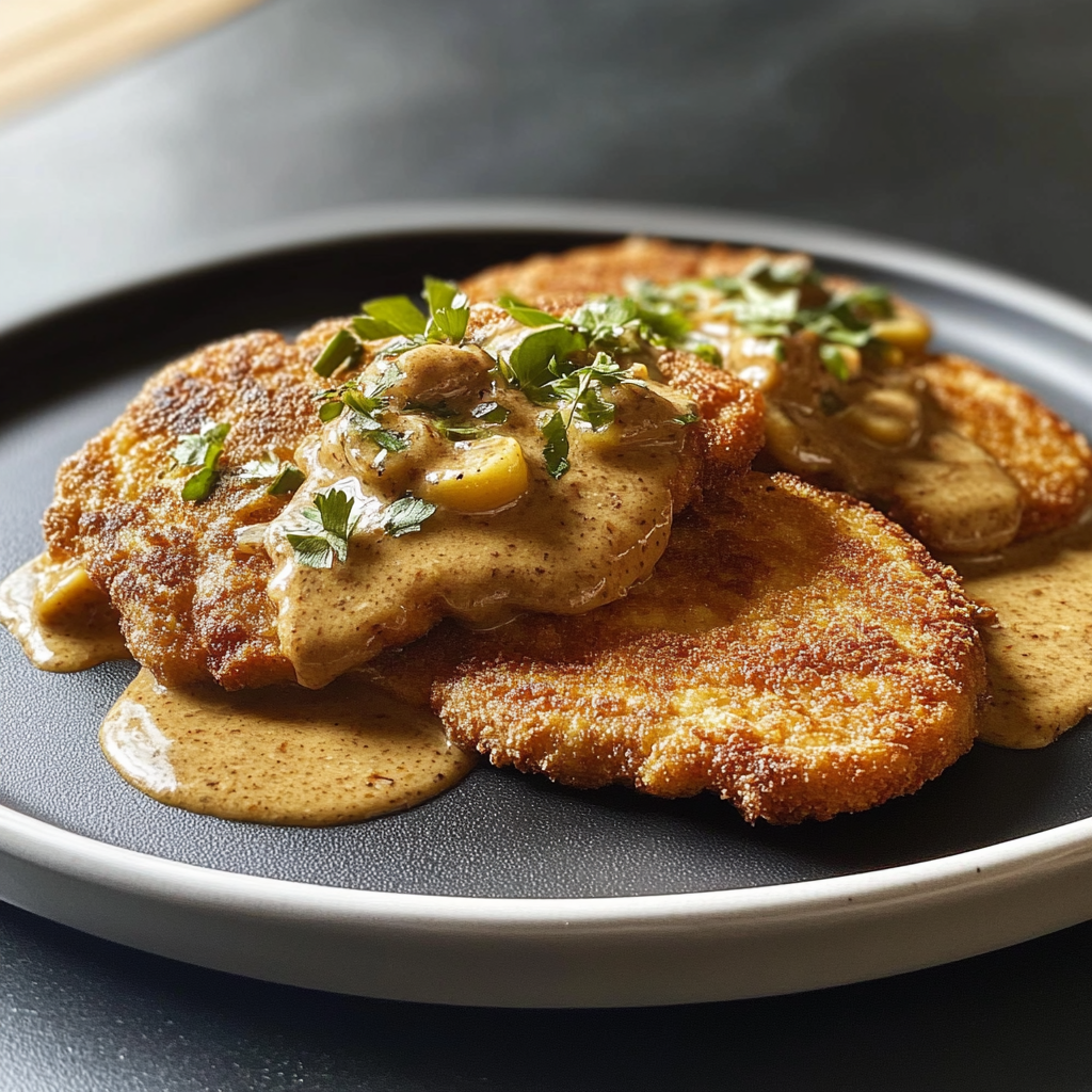 Recipe preparation for Crispy German Schnitzel with Fondue Schnitzel Sauce