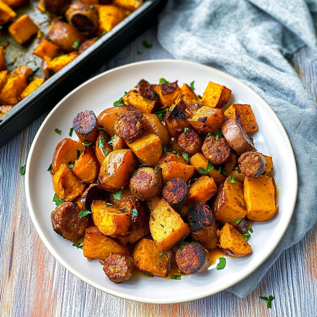 Recipe preparation for Maple Glazed Sweet Potato and Sausage Bake