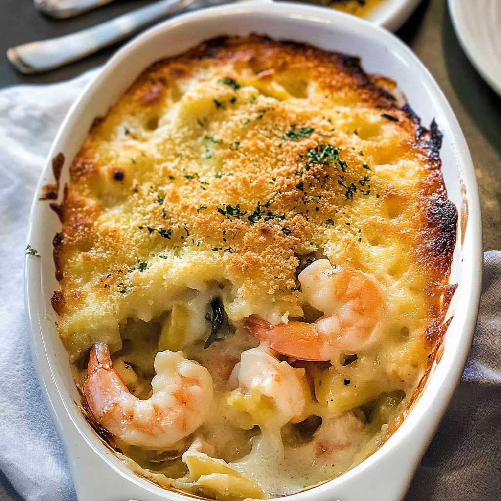 Recipe preparation for Shrimp and Crab Au Gratin – Seafood Main Dish