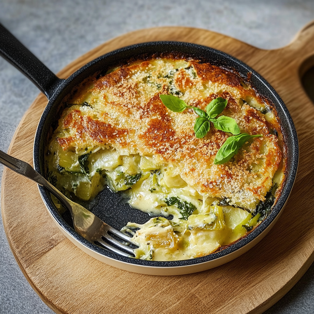Recipe preparation for Watercress, Leek, Cheddar, and Sourdough Gratin