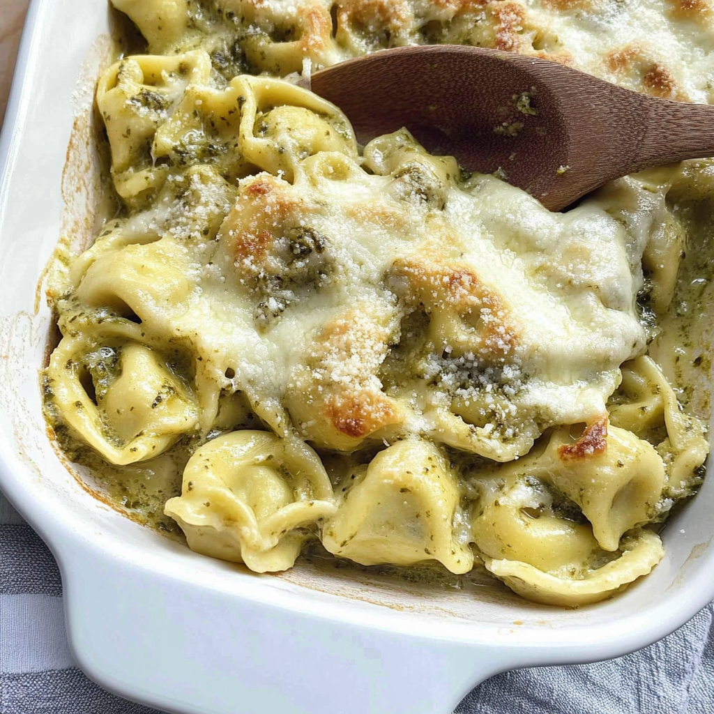 Recipe preparation for Creamy Pesto Tortellini Bake With Mozzarella