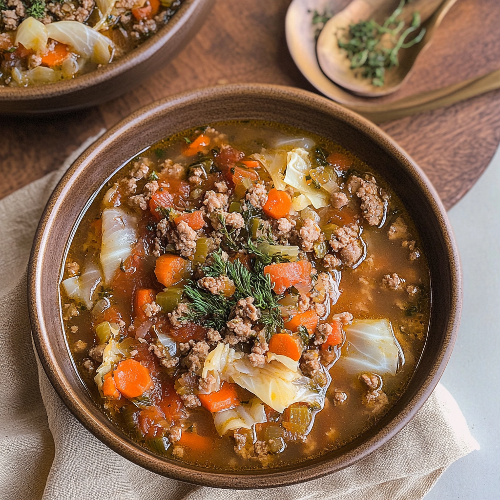 Recipe preparation for Healthy Ground Beef and Cabbage Soup