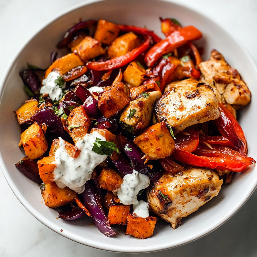 Recipe preparation for Spicy Chicken and Roasted Vegetable Bowls