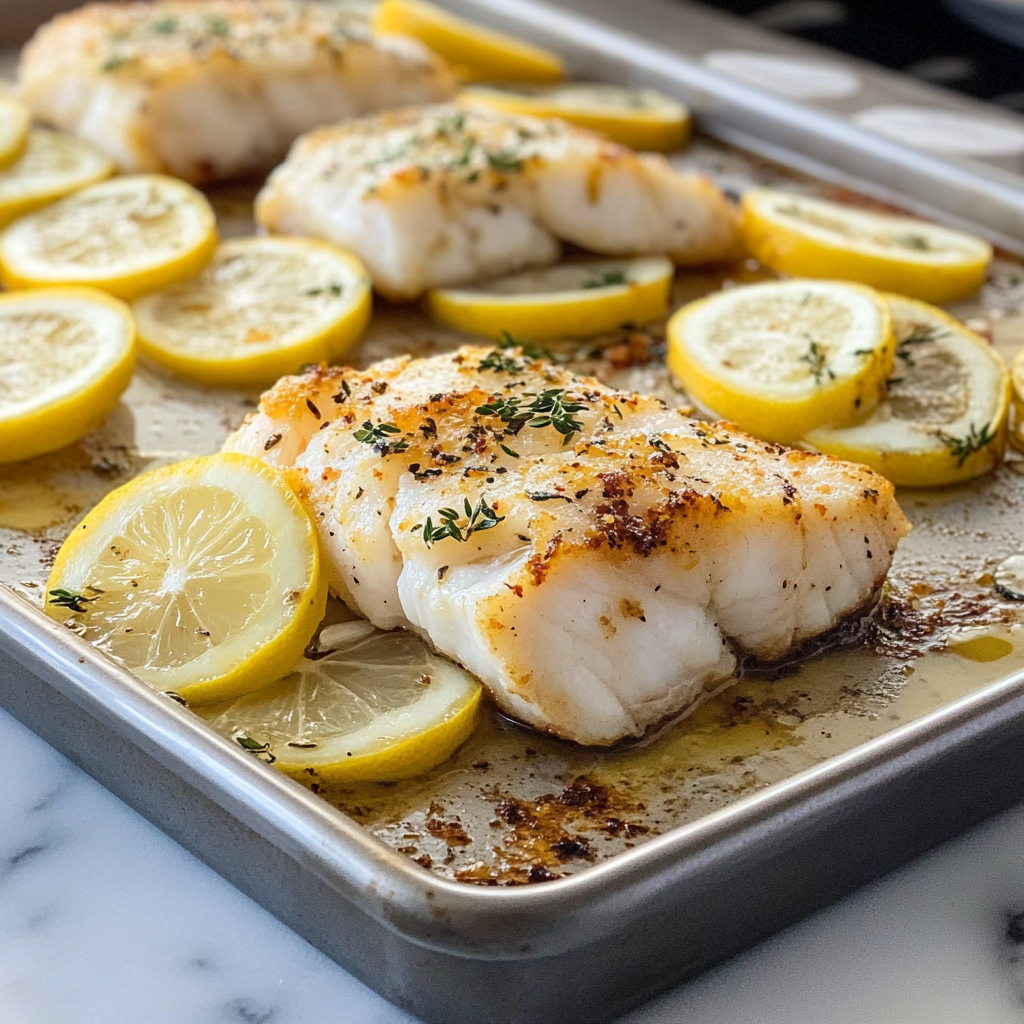 Recipe preparation for Sheet Pan Cod with Lemon and Crispy Pancetta