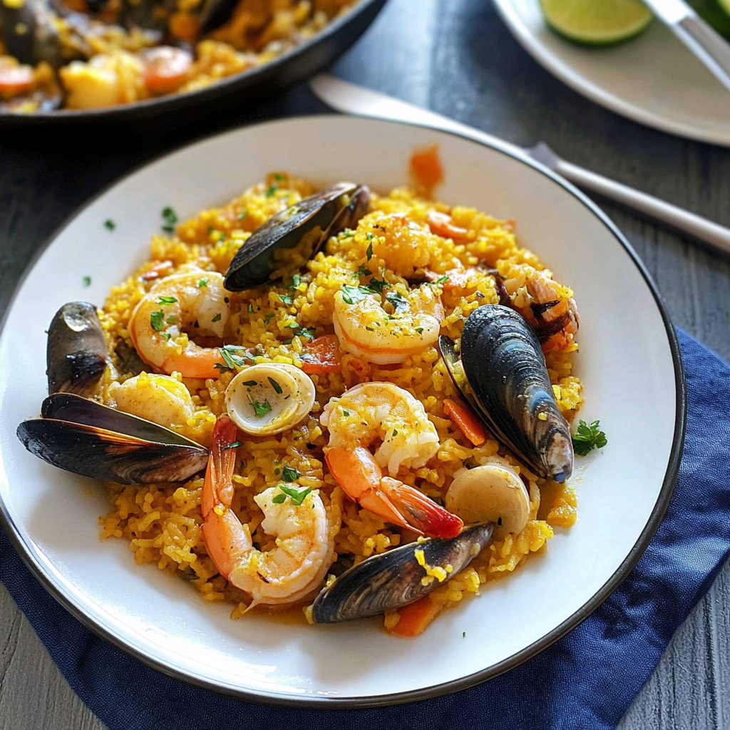 Recipe preparation for Seafood Paella with Saffron Rice