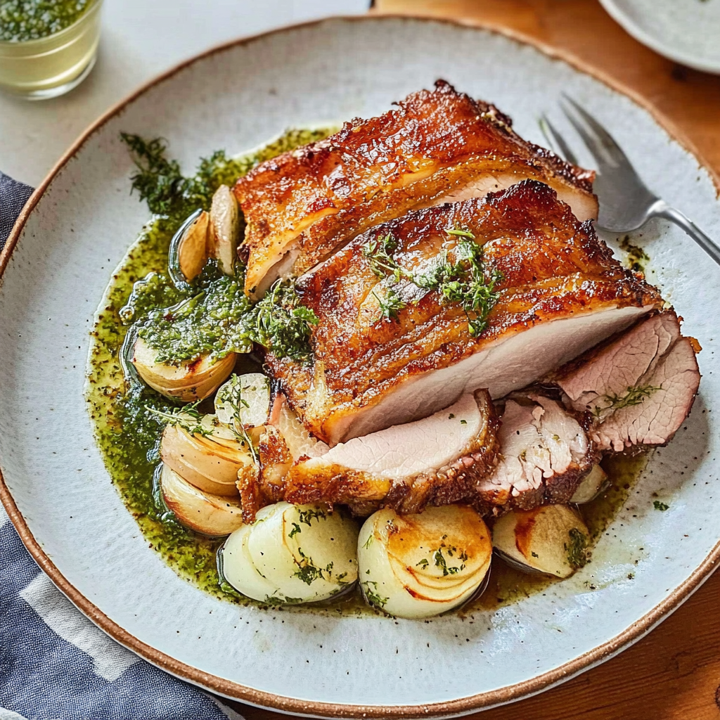 Recipe preparation for Slow-Roasted Pork Belly with Fennel and Apple