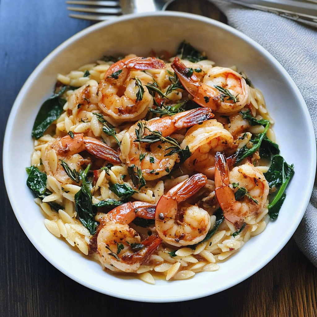 Recipe preparation for Garlic Butter Shrimp with Orzo and Spinach