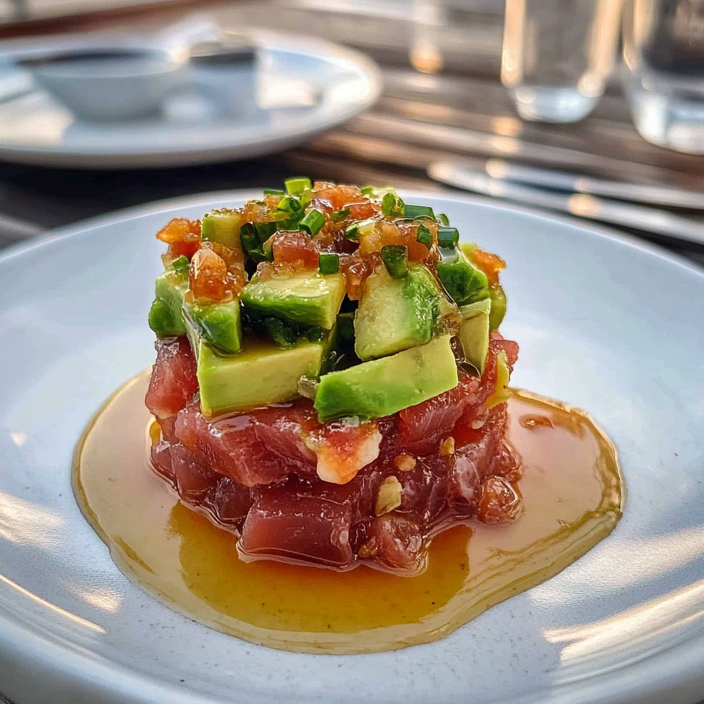 Recipe preparation for Tuna Tartare with Avocado and Soy-Ginger Reduction