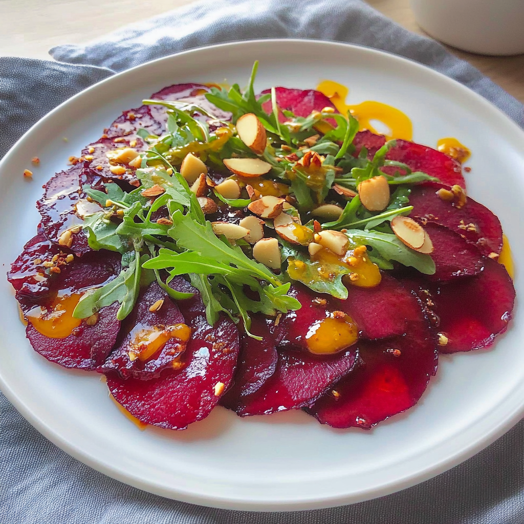 Recipe preparation for Beetroot Carpaccio with Arugula and Toasted Pine Nuts