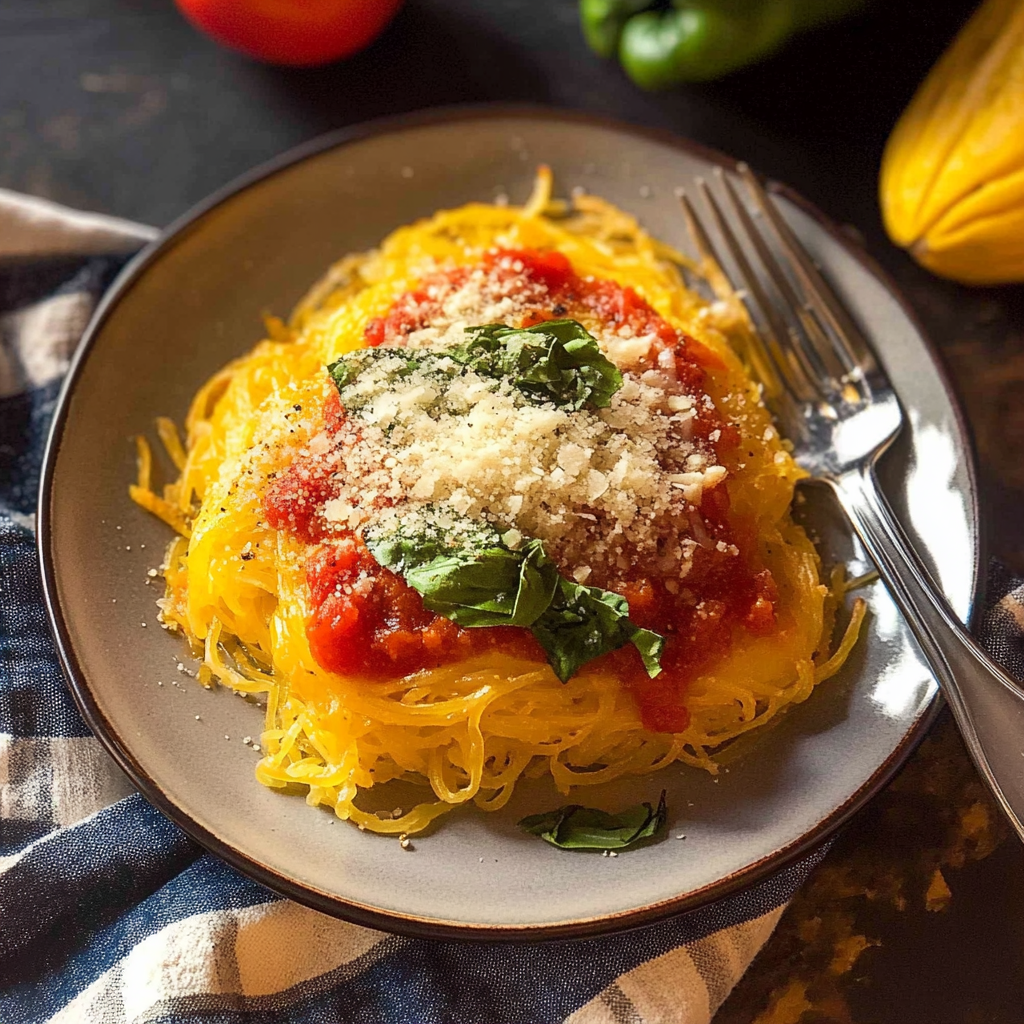 Recipe preparation for Spaghetti Squash with tomatoes and parmesan