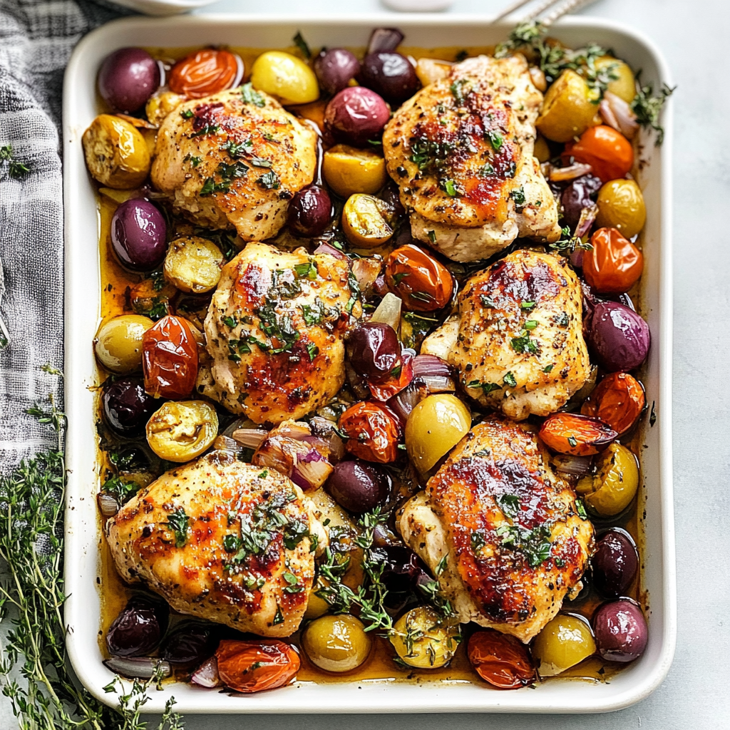 Recipe preparation for Sheet Pan Mediterranean Chicken with Olives and Red Onion