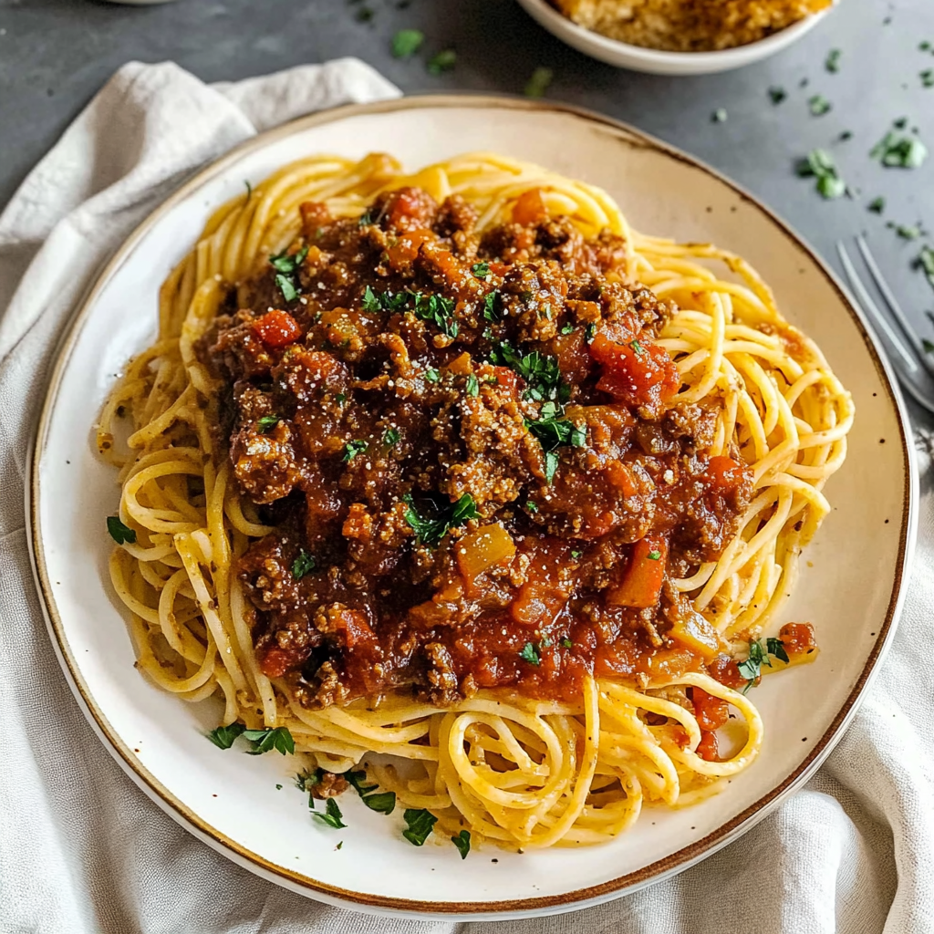 Recipe preparation for Beef and Lentil Bolognese over Whole Wheat Pasta