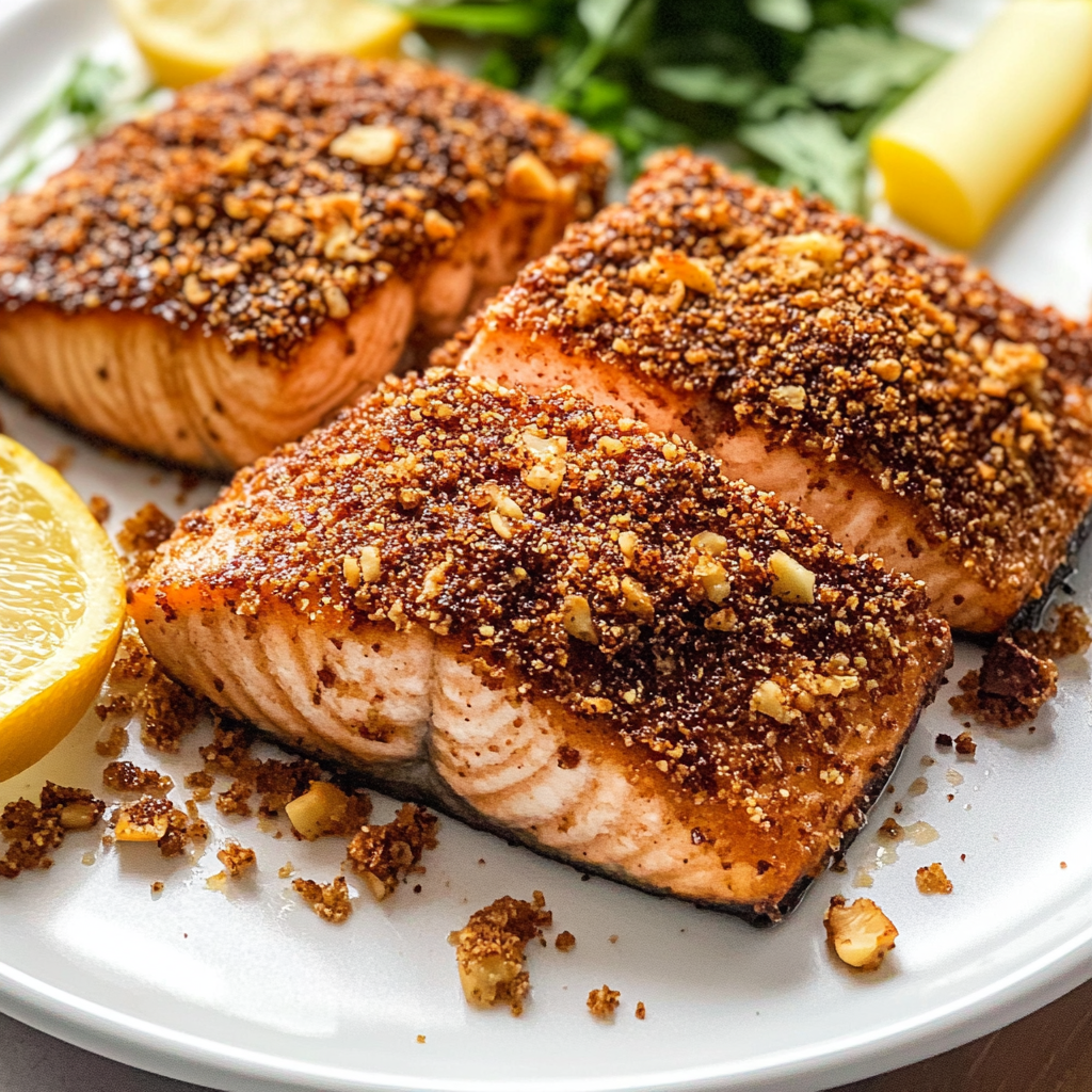 Recipe preparation for Pecan Crusted Salmon
