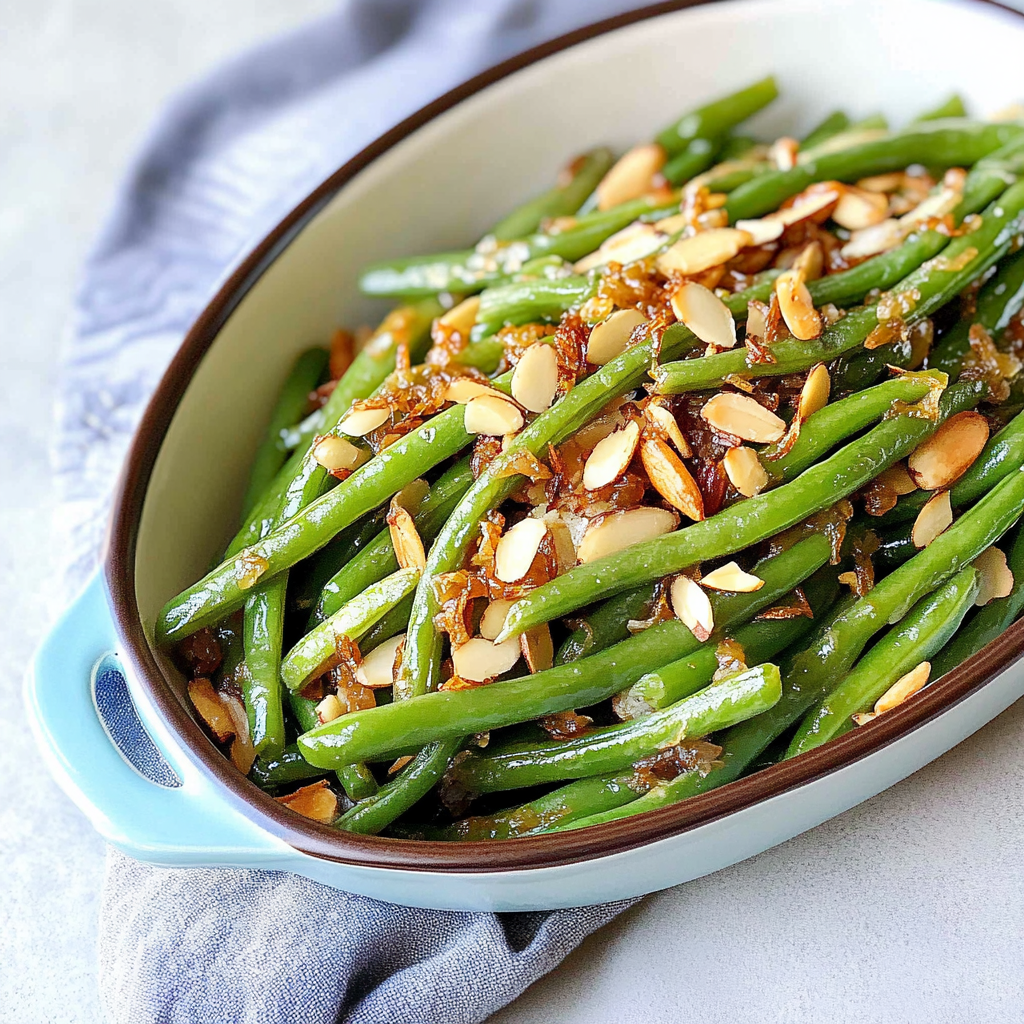 Recipe preparation for Green Beans with Almonds and Caramelized Onions